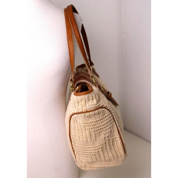 LRG BONFANTI NATURAL KNIT COTTON BROWN GENUINE LEATHER SHOULDER BAG HANDBAG HOBO - Picture 4 of 12